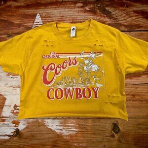 original coors cowboy yellow distressed crop top